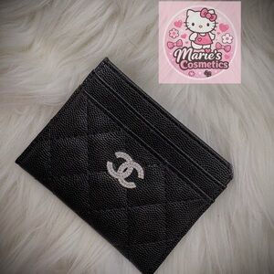 CHANEL Black Quilted Card Holder with Silver Logo